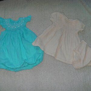 TWO Smocked Outfits Cream Dress with Matching Bloomers & Blue Bubble Romper 12M